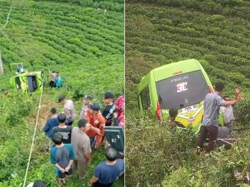 Rem Blong, Isuzu Elf Rombongan Wisatawan Terperosok di Kebun Teh Karanganyar 