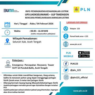 Besok, Seluruh Wilayah Aceh Tengah Padam Listrik 