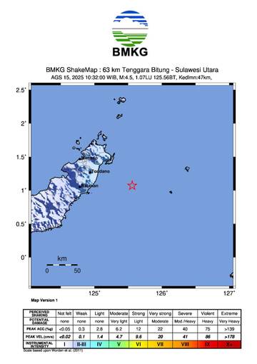 Gempa Tektonik Guncang Wilayah Bitung, 4.5 Magnitudo