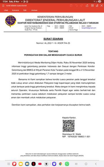KSOP Terbitkan Edaran Peringatan Dini Cuaca Buruk Tarakan