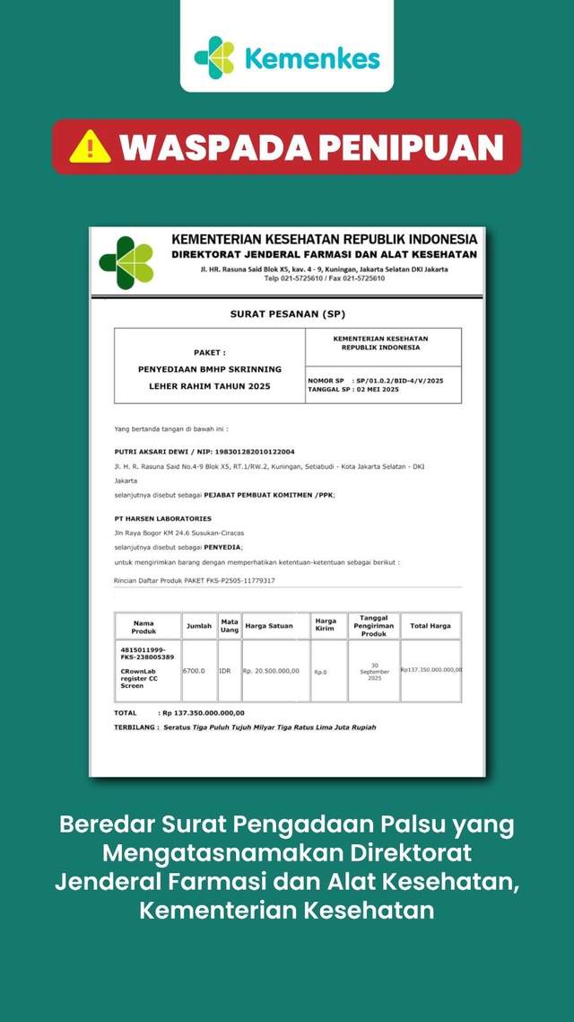 Waspada Penipuan Mengatasnamakan Kementerian Kesehatan RI