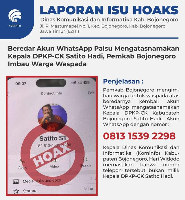 Hoaks, Nomor Palsu Mengatasnamakan Kepala DPKP-CK Bojonegoro