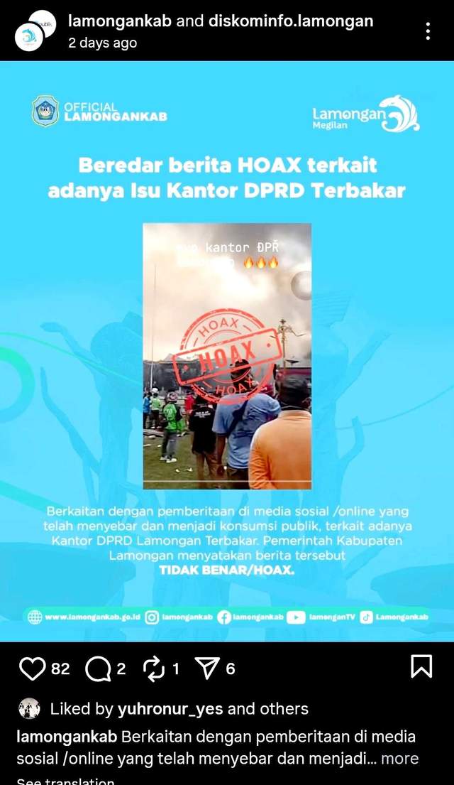 ​Diskominfo Pastikan Video TikTok Kebakaran DPRD Lamongan Hoaks​