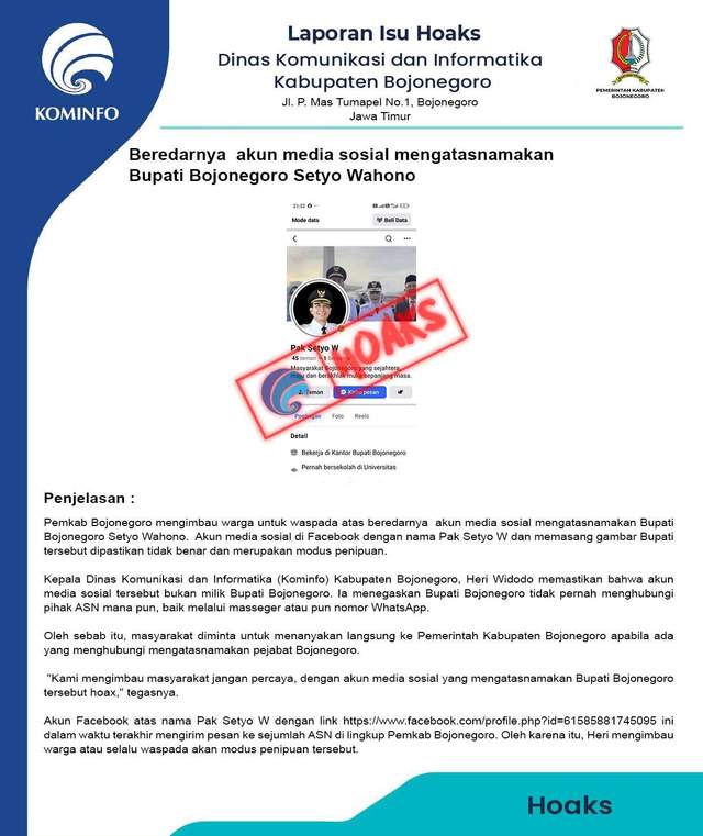 Hoaks, Akun Palsu Mengatasnamakan Bupati Bojonegoro