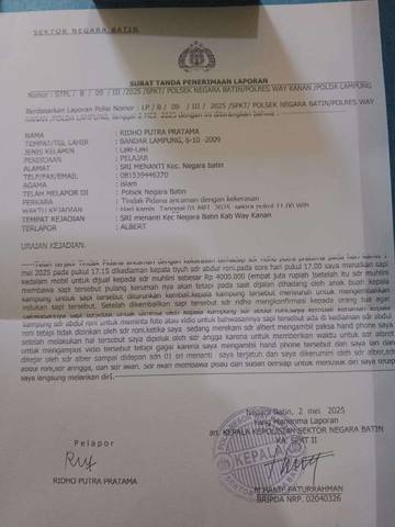 Polsek Negara Batin Terima Laporan Dugaan Intimidasi Terhadap Remaja